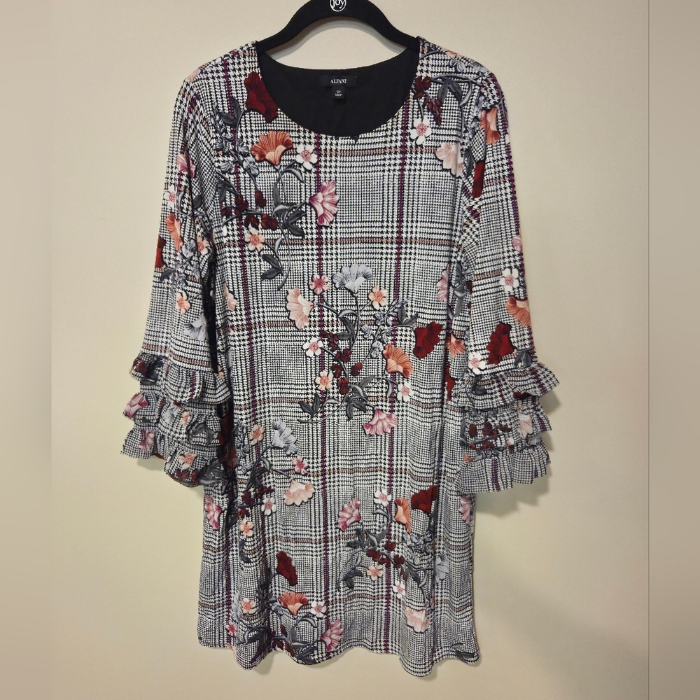 Alfani Black and Gray Floral Plaid Dress With Ruffle Quarter Sleeve Size 12P
